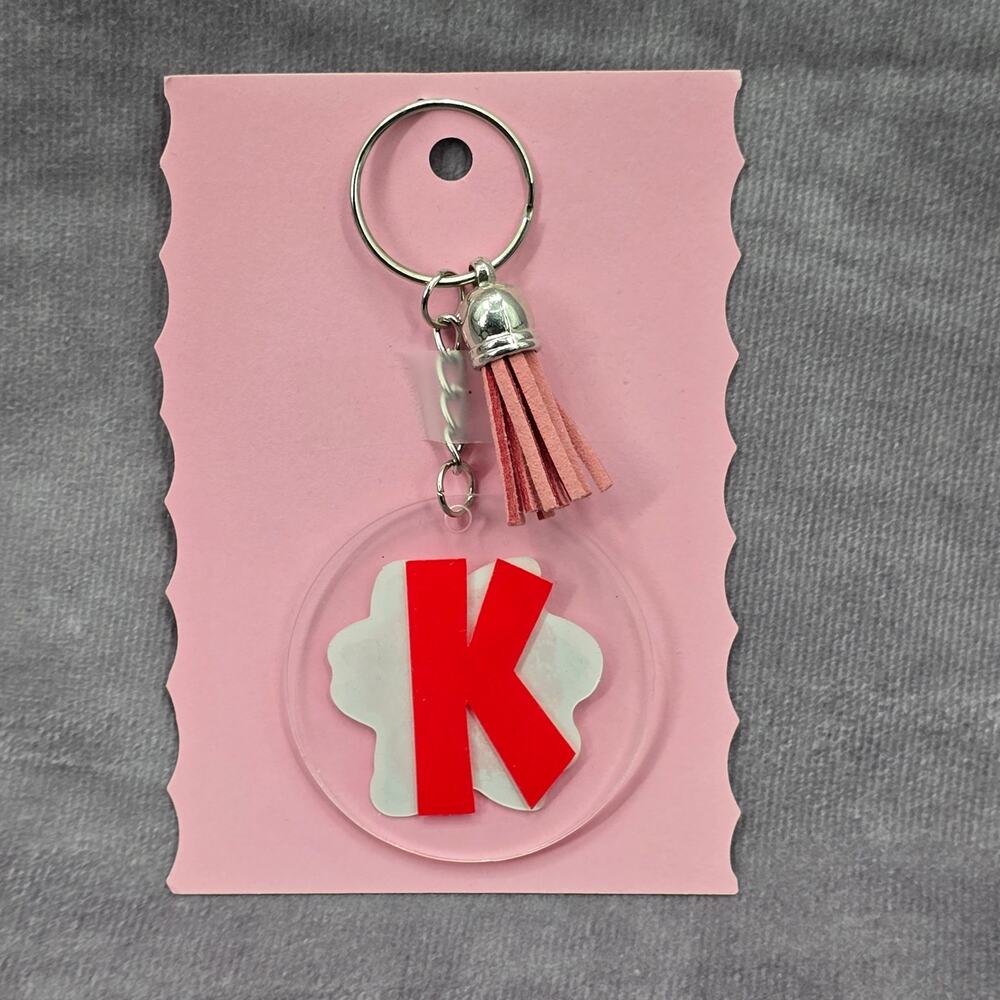 Letter Keychain Clear Silver Circle Handmade‎ Acrylic Tassel Flower K Pink